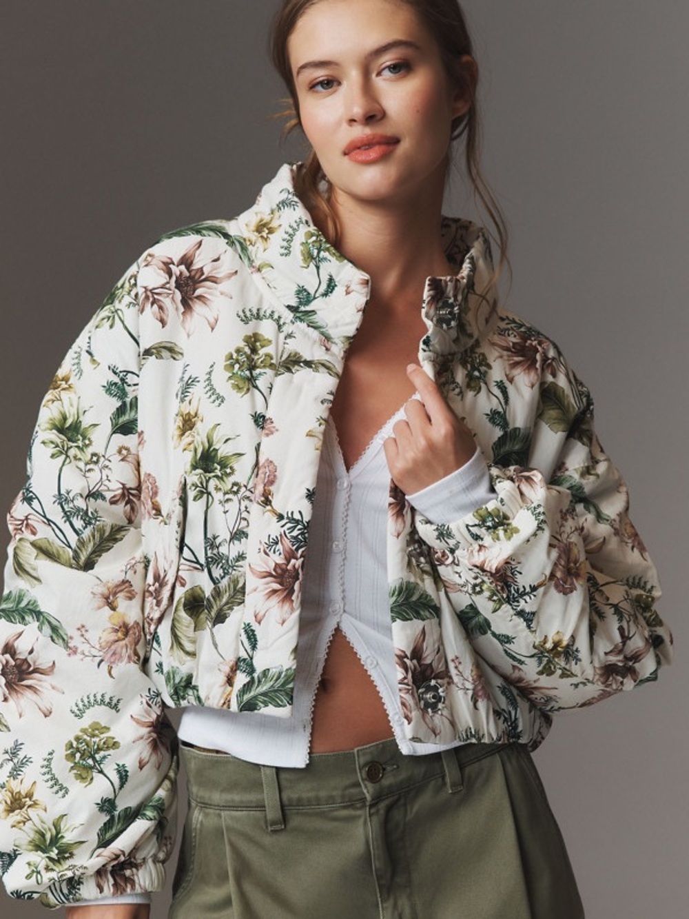 Anthropologie Cream Floral Quilted Cropped Bomber Jacket
